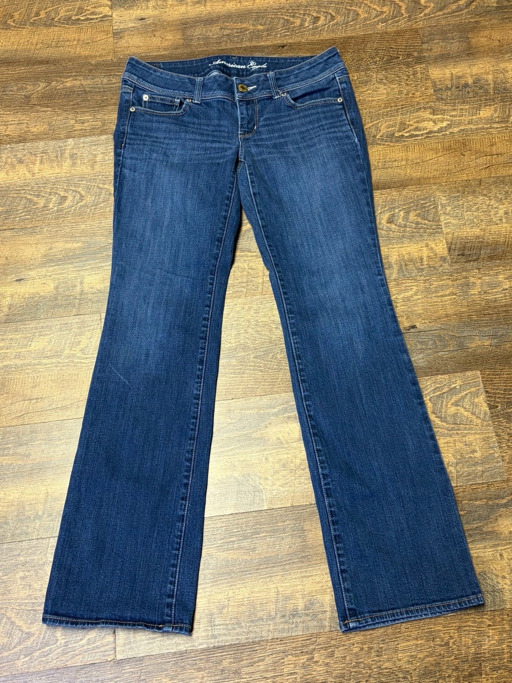 2009 American Eagle Jeans Womens 8 LONG Slim Boot Low Rise Dark Wash Stretch Y2K